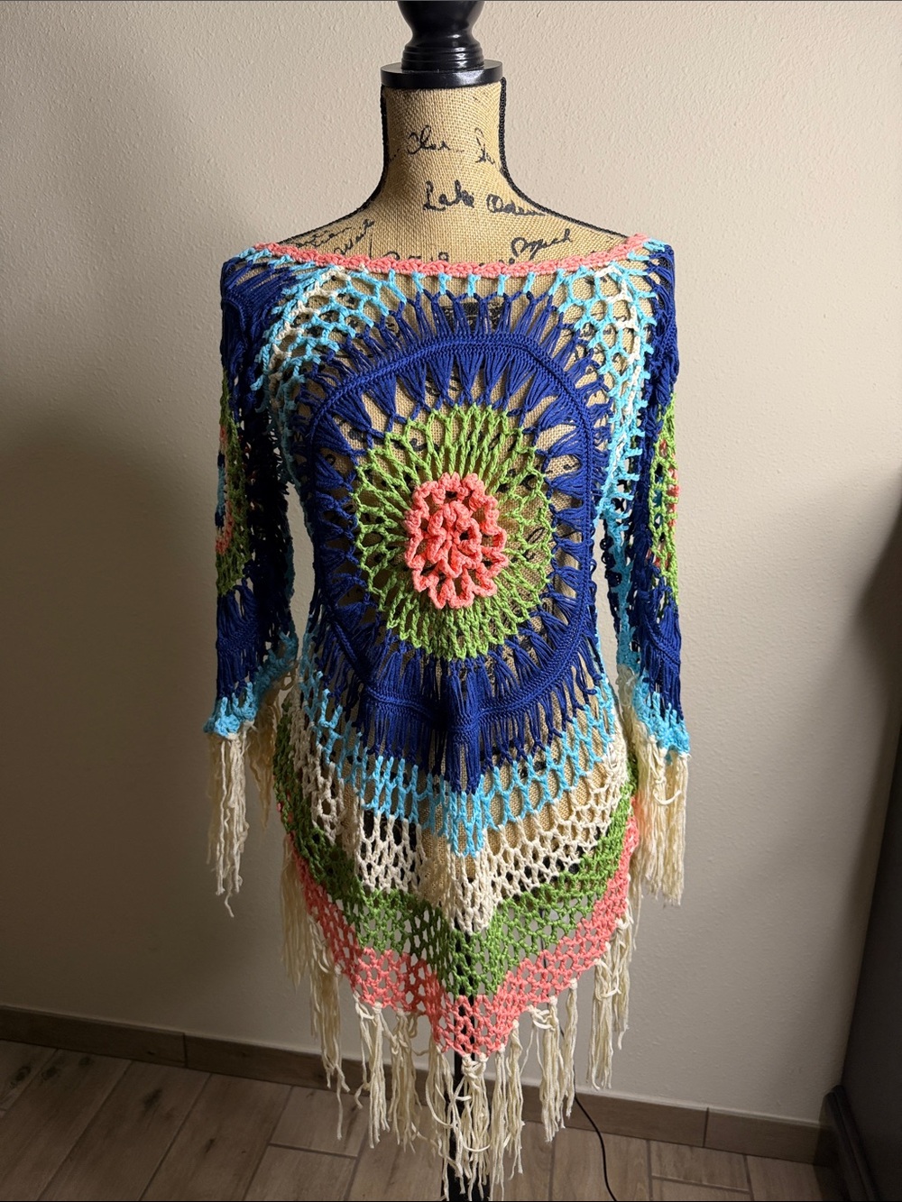 VENUS Boho Crochet Fringe Cover Up Poncho Multicolor Festival Beach S/M 🏝️